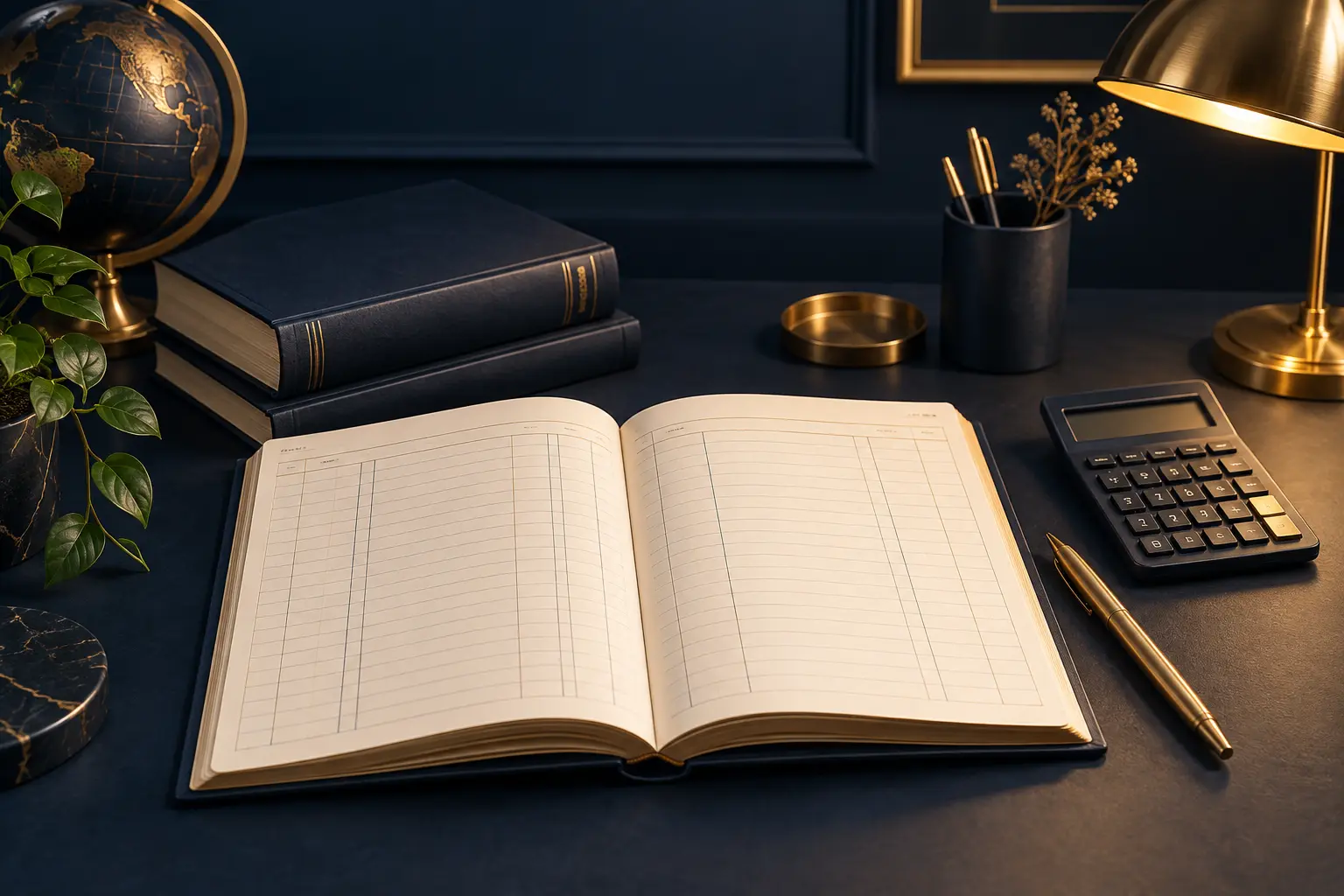 Original navy-and-gold accounting education artwork with a ledger, books, calculator and pen
